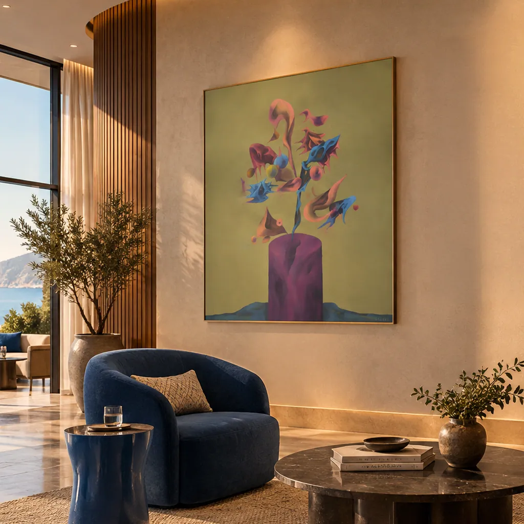 Pictură botanică de Bojin, prezentată într-un cadru intim de lounge.