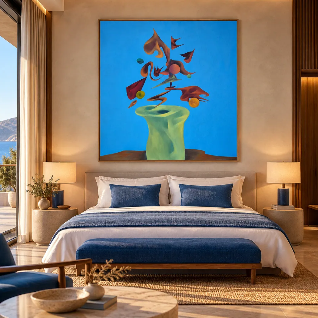 Pictură colorată de Bojin, care creează un punct focal deasupra patului dintr-o cameră de hotel.