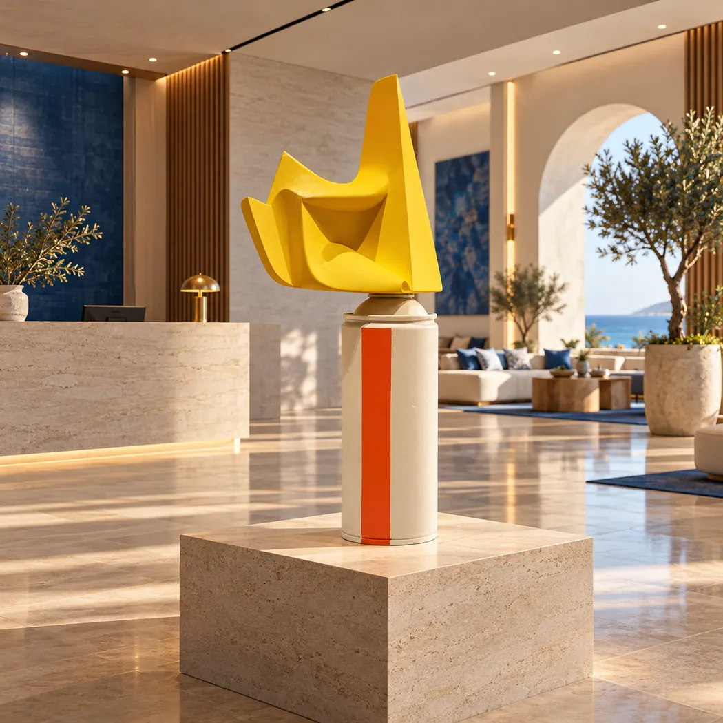 Sculptură abstractă de Iulian Cristea, amplasată ca element central într-un lobby de hotel.