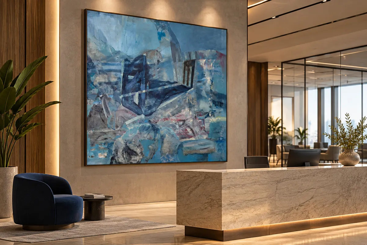 Editorial visualization of a blue abstract painting by Adrian Dica in a contemporary reception space.