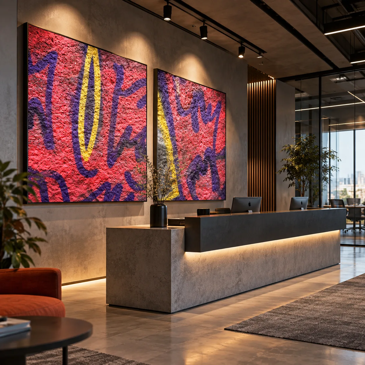 Editorial visualization of two vivid red and purple artworks displayed in a contemporary reception interior for the future Estebam profile.