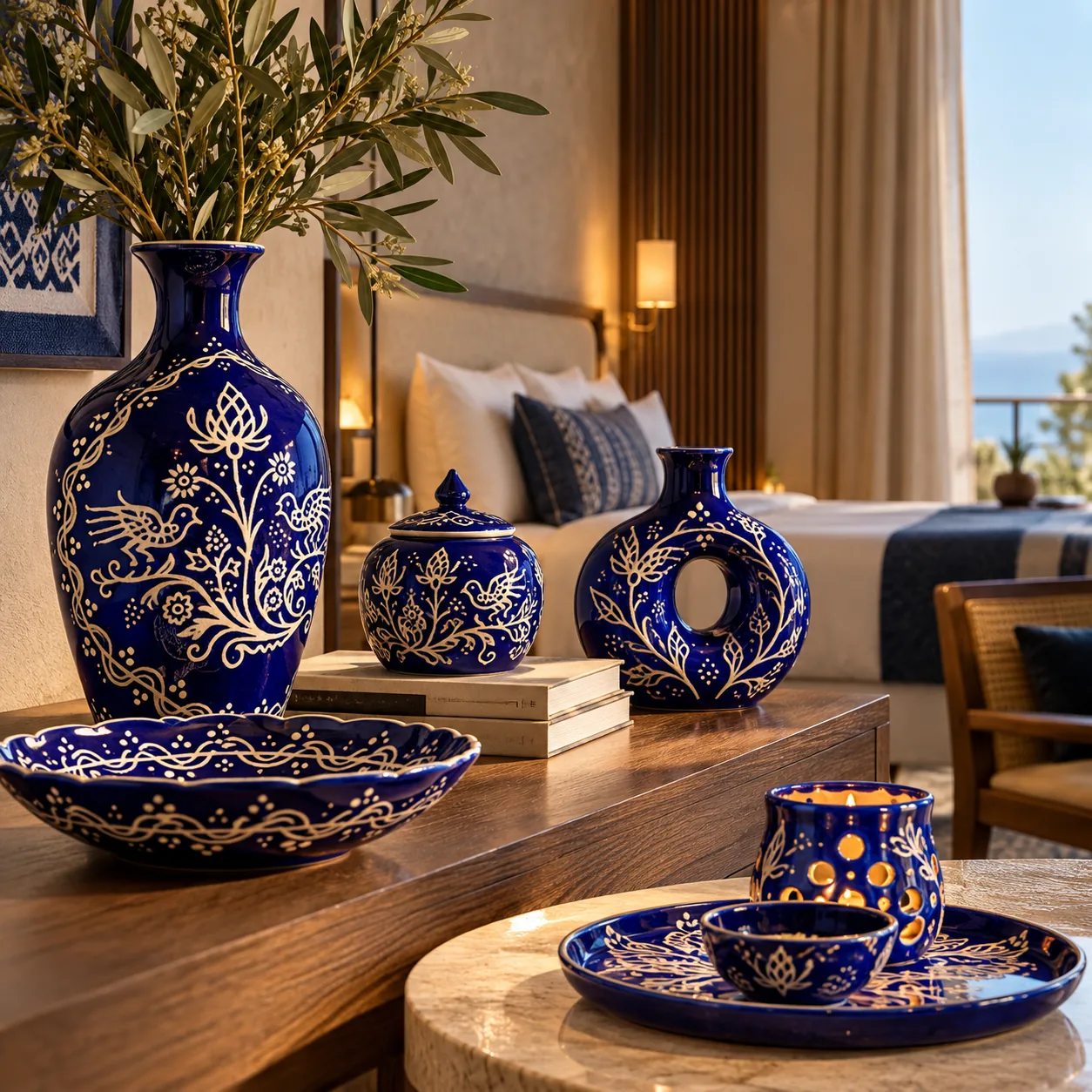 Editorial visualization of blue decorated ceramic vessels arranged in a hospitality interior for the future Saskiz profile.