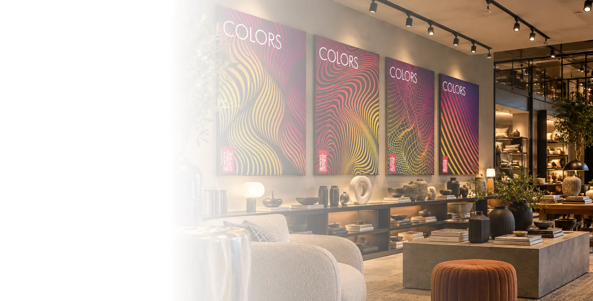 Editorial visualization of original contemporary artworks in a refined interior setting.