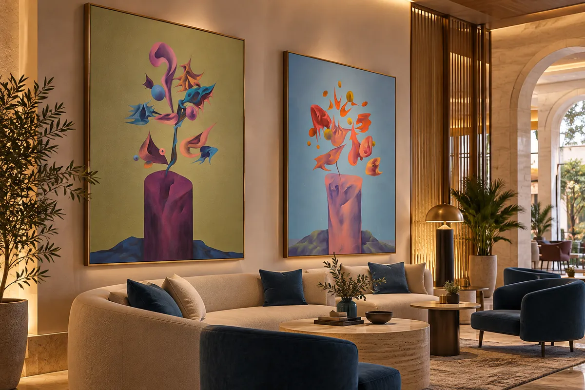 Editorial visualization of a group of colorful paintings by Bojin in a lounge interior.