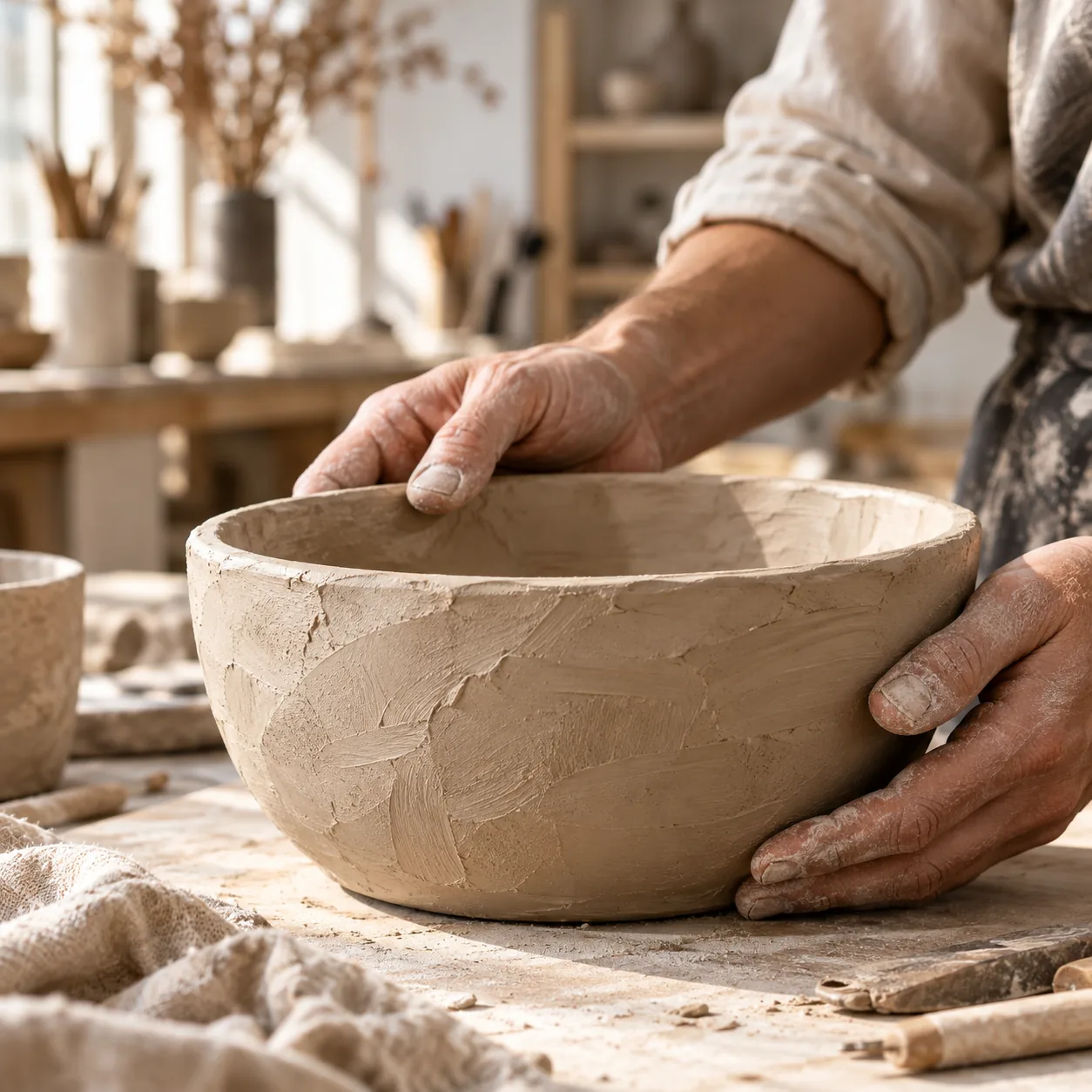 Editorial visualization of ceramic pieces and material samples in a maker's studio.