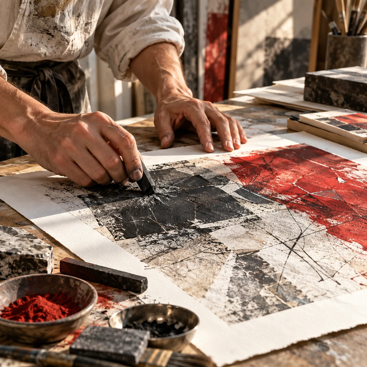 Editorial visualization of a fine art print being inspected during production.