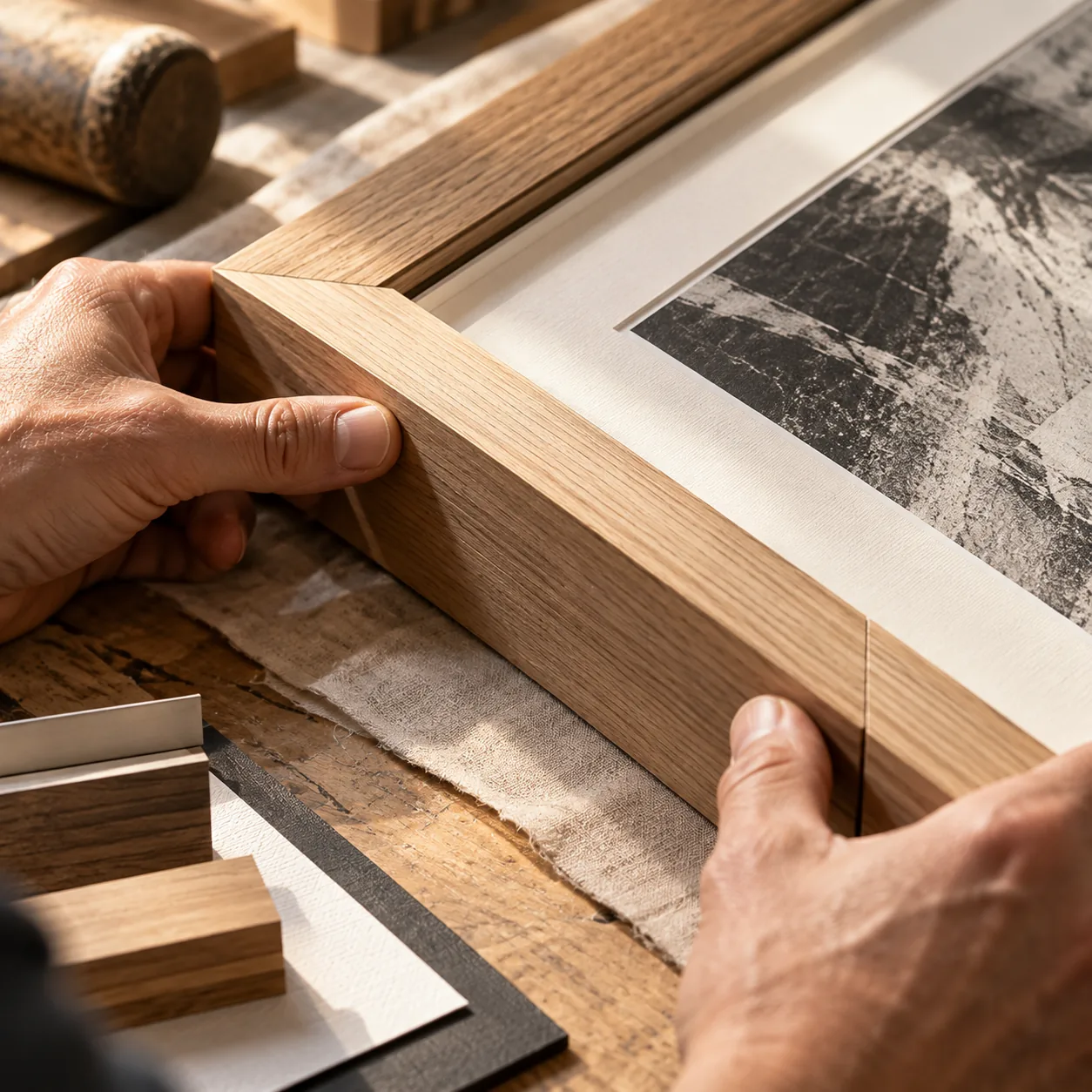 Editorial visualization of archival framing materials and a framed artwork.