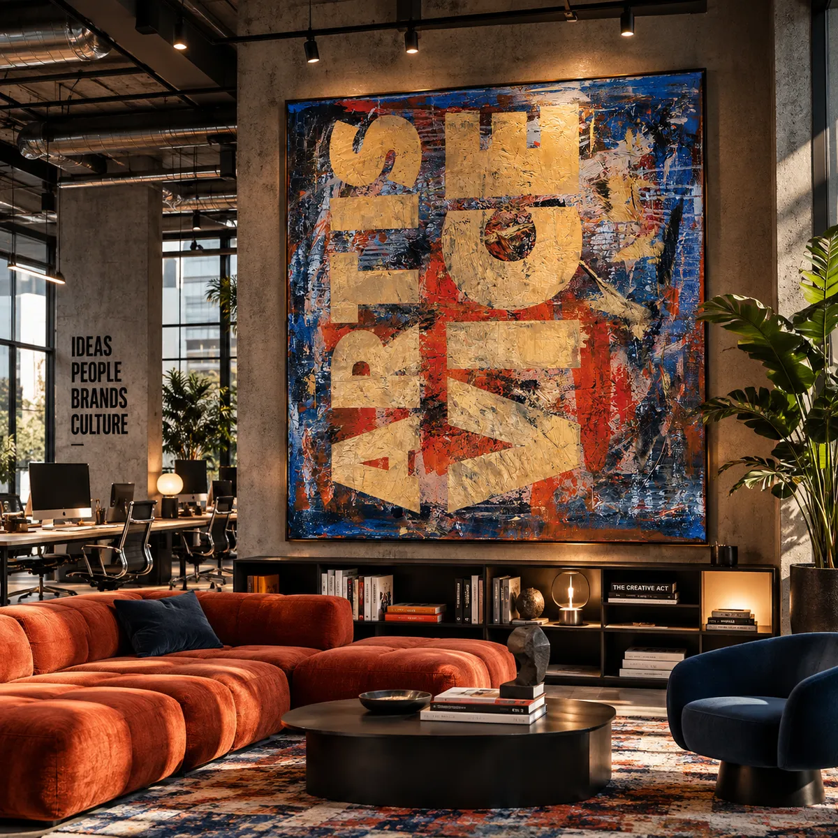Editorial visualization of a large abstract artwork by Dan Andrei in a contemporary office interior.