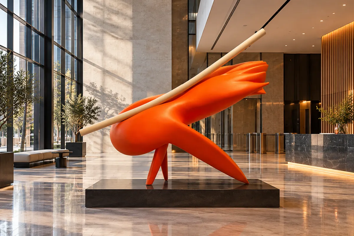 Editorial visualization of an orange sculpture by Iulian Cristea in a hotel lobby.