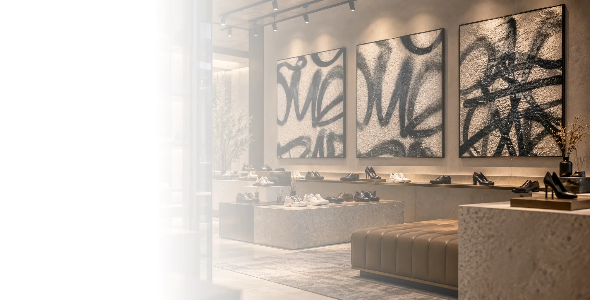 Editorial visualisation of real monochrome artworks displayed in a contemporary retail interior