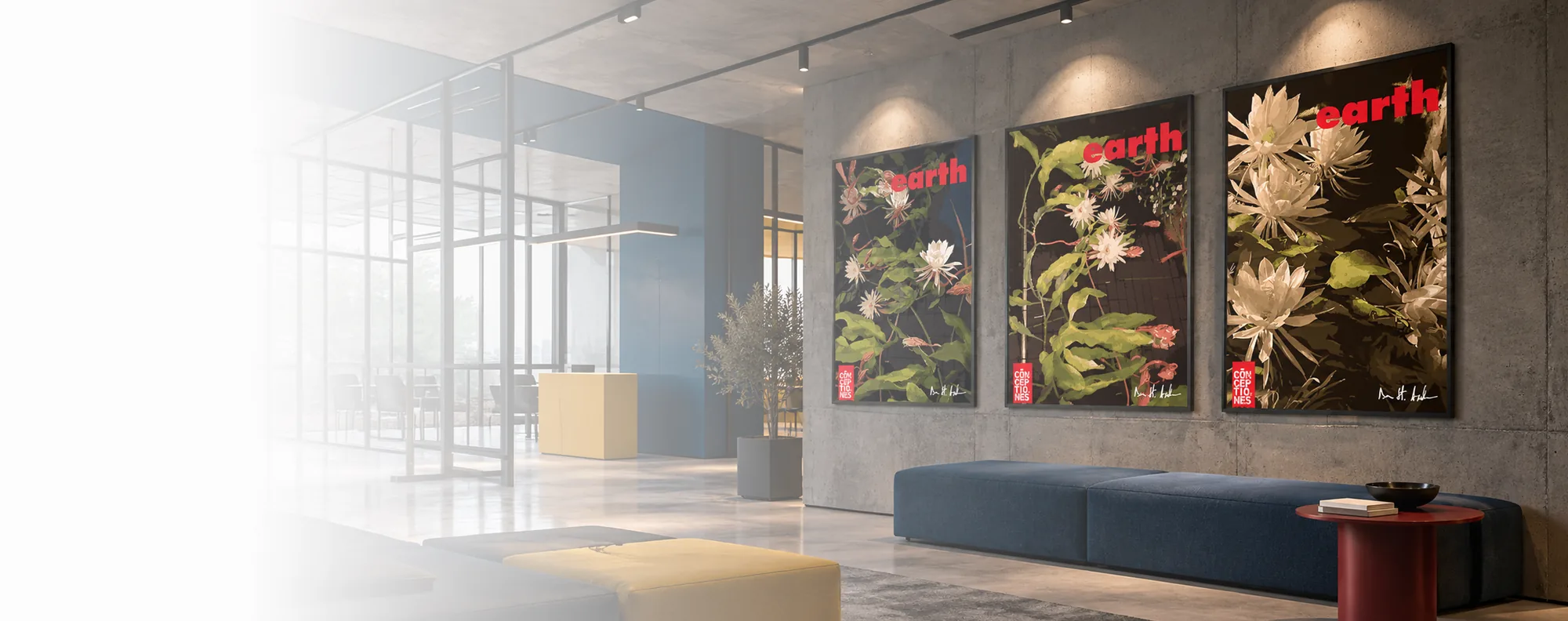 Editorial visualisation of real botanical artworks by Dan Andrei displayed in a contemporary office interior
