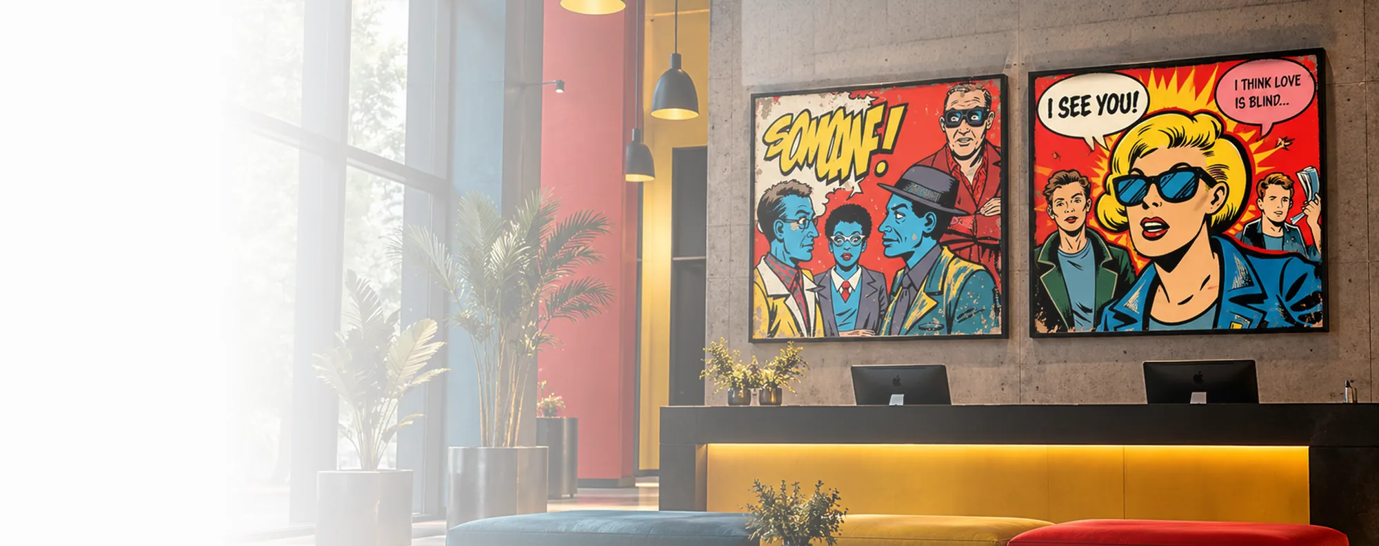 Editorial visualisation of real pop-art works by Dan Andrei displayed in a contemporary reception interior