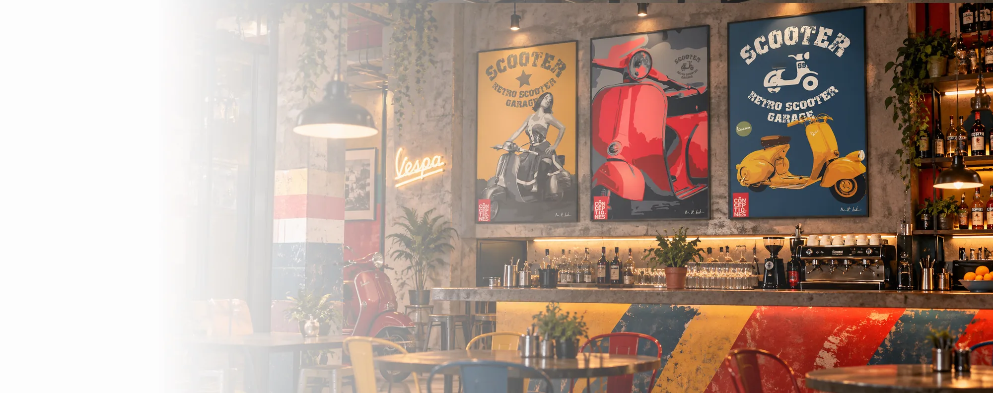 Editorial visualisation of real scooter-themed artworks by Dan Andrei displayed in a contemporary hospitality interior
