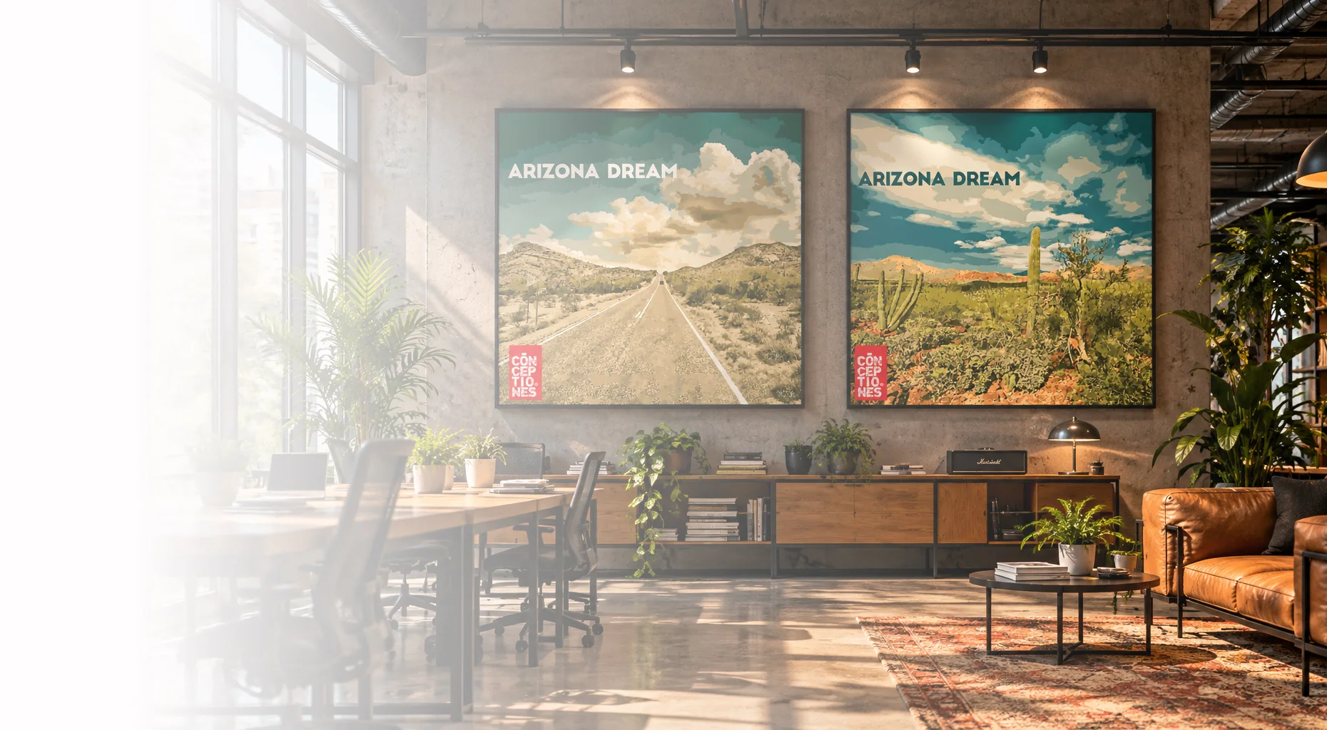 Editorial visualisation of real artworks displayed in a contemporary lounge interior