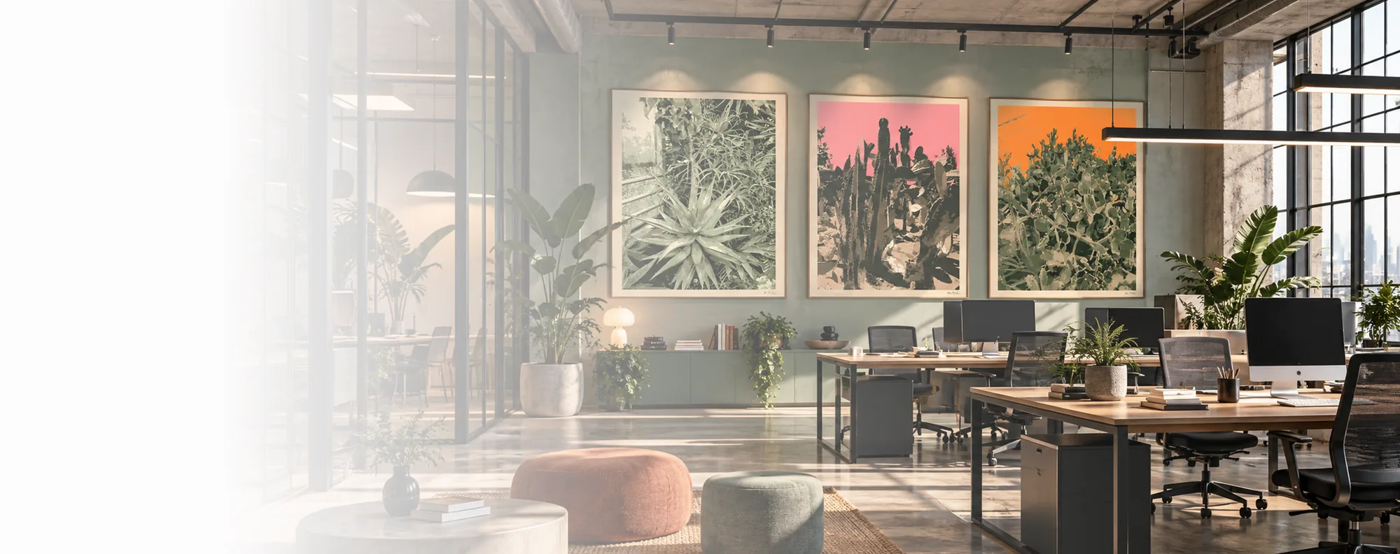 Editorial visualisation of real botanical artworks displayed in a contemporary workspace