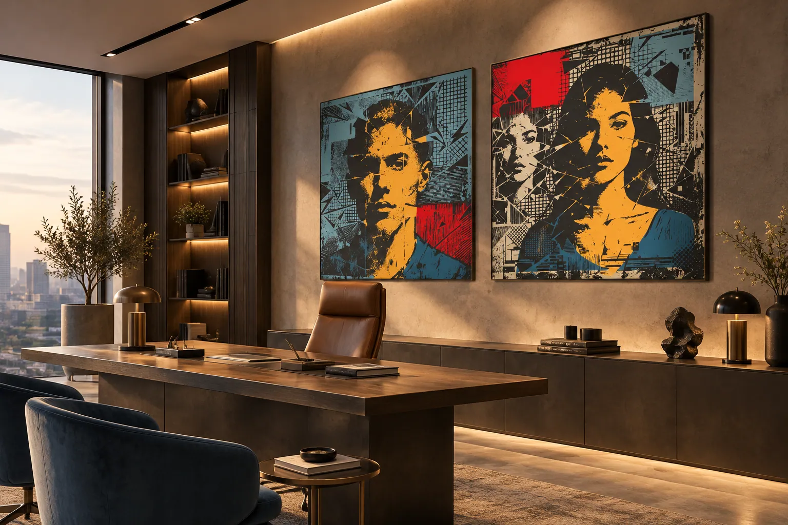 Editorial visualisation of two pop-art portraits in a contemporary office