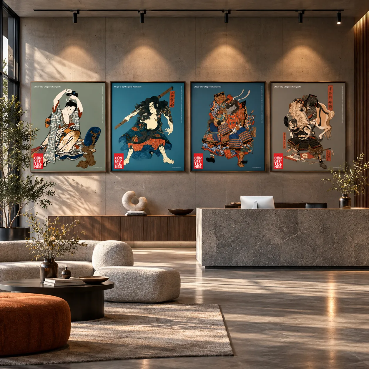 Editorial visualisation of real Japanese-inspired artworks displayed in a contemporary reception interior
