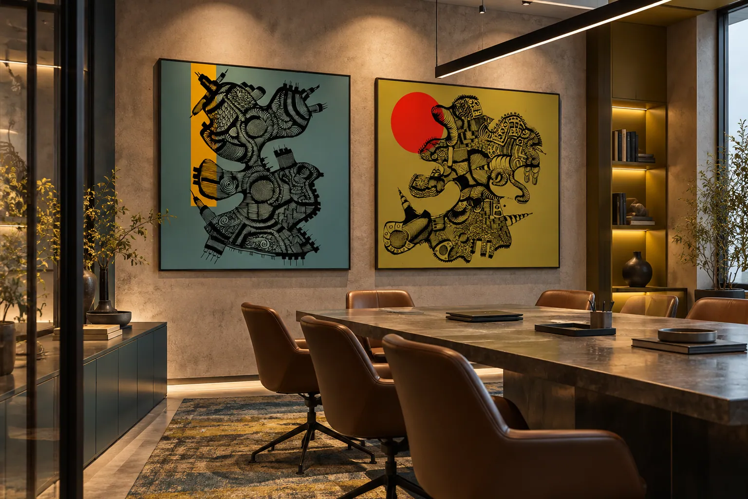Editorial visualisation of two original artworks integrated into a contemporary office