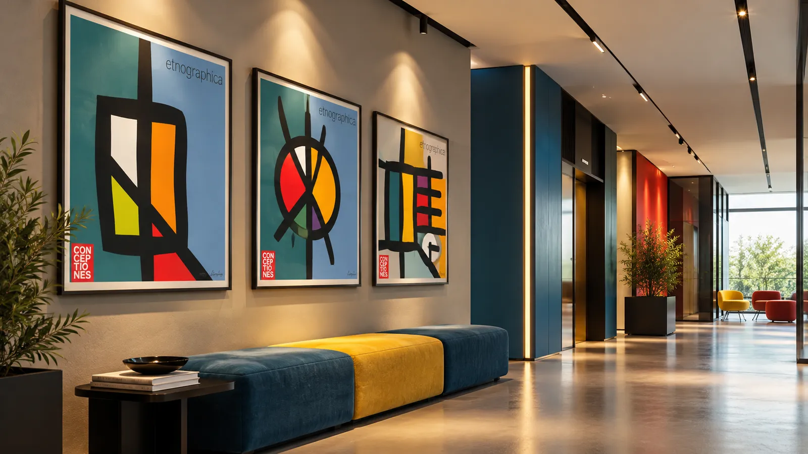 Editorial visualisation of a geometric artwork series in a contemporary lobby