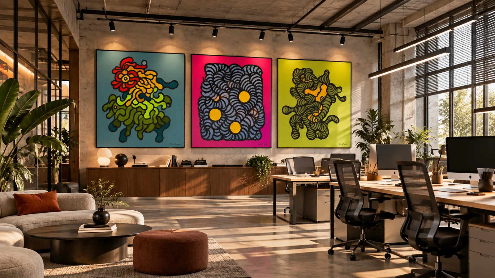 Editorial visualisation of three colourful original artworks in a contemporary office