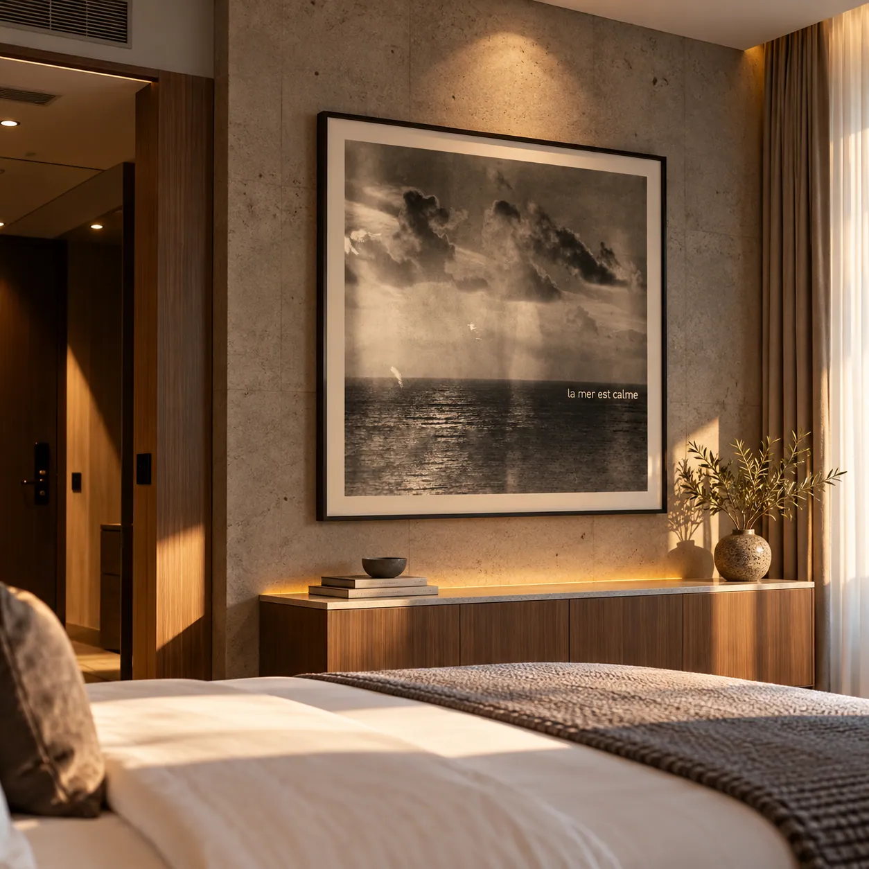 Editorial visualisation of a framed monochrome photographic artwork in a quiet interior