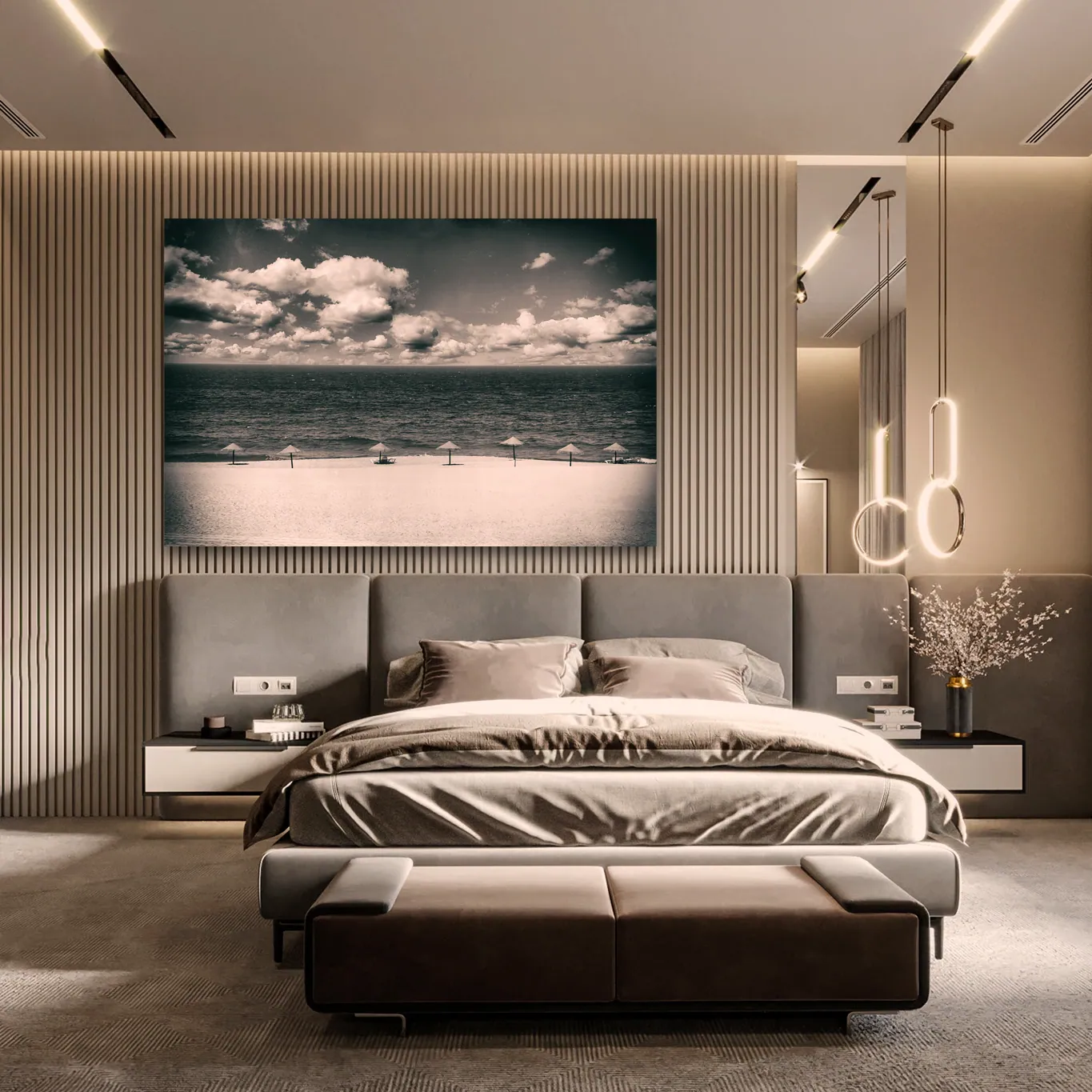 Editorial visualisation of a large monochrome photographic artwork in a hotel room