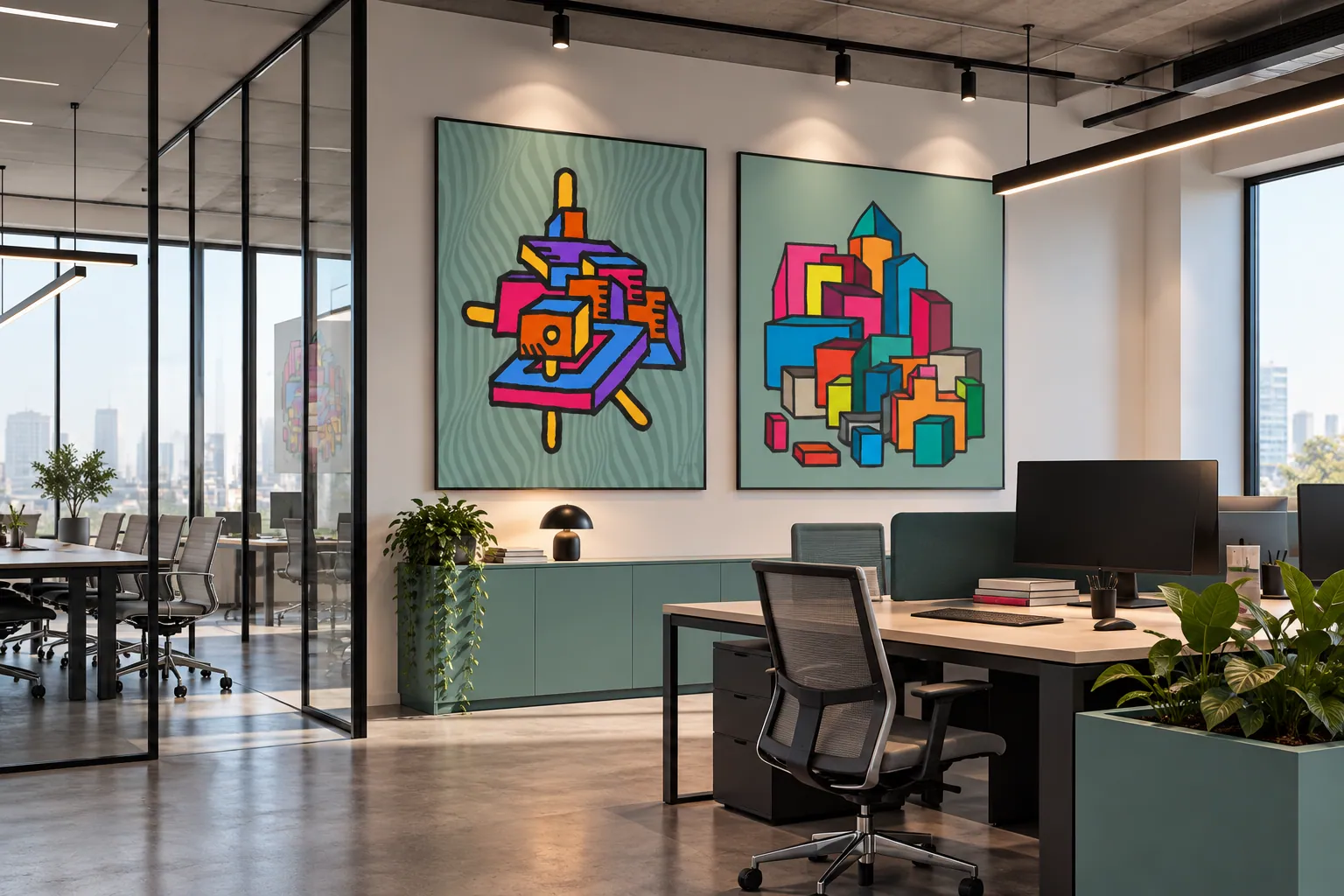 Editorial visualisation of two colourful artworks integrated into a contemporary workplace