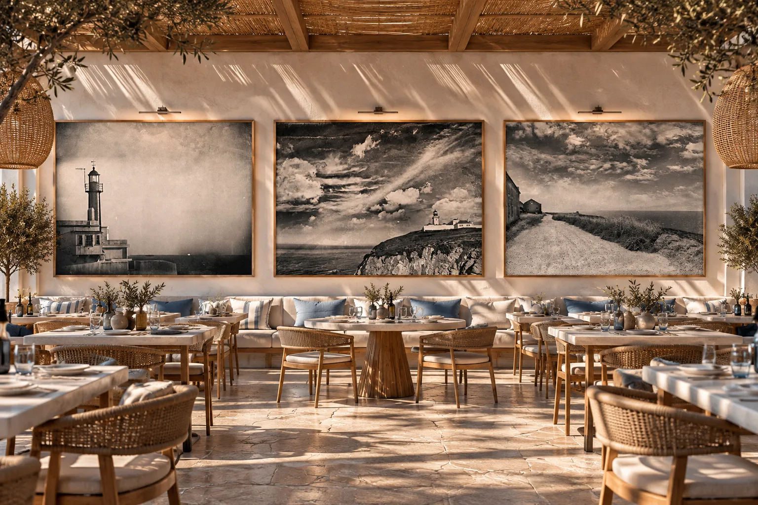 Coastal photographic series displayed in a contemporary hospitality interior