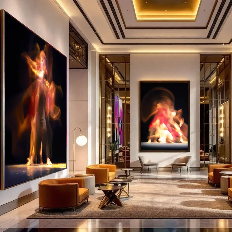 Luminous photographic artworks displayed in a contemporary reception space