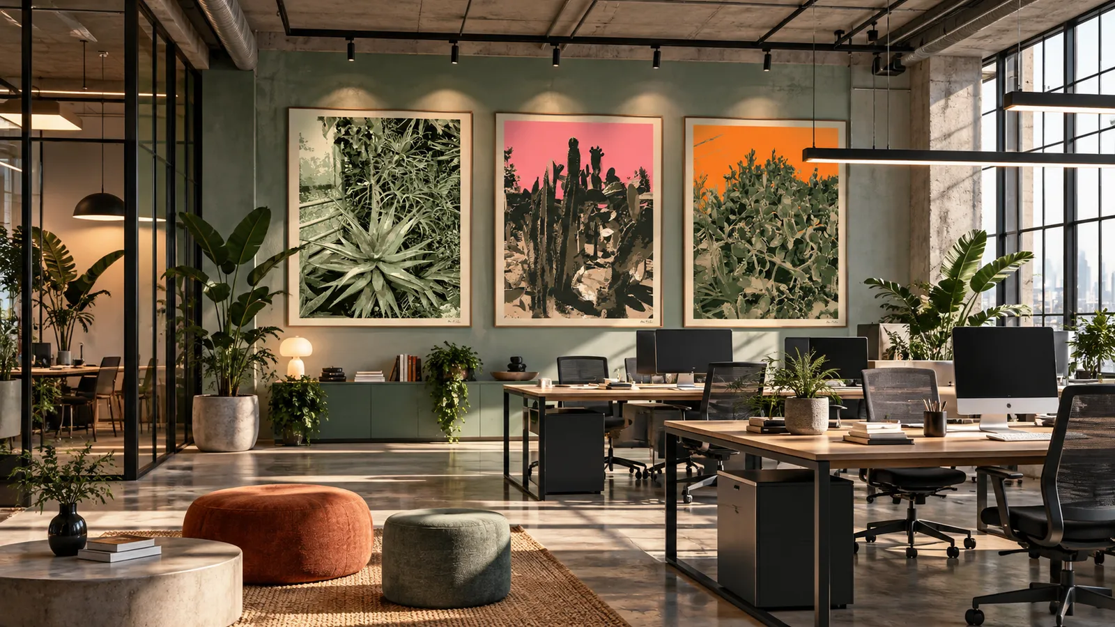 Editorial visualisation of a botanical artwork series in a contemporary workplace