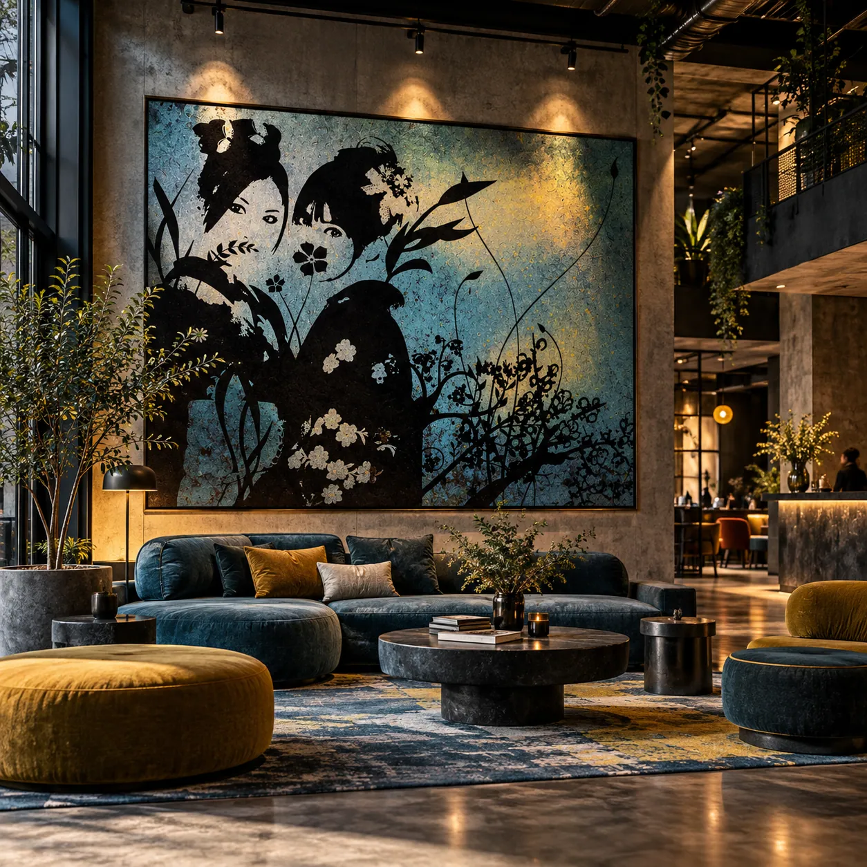 Editorial visualisation of a large artwork integrated into a contemporary hospitality lounge