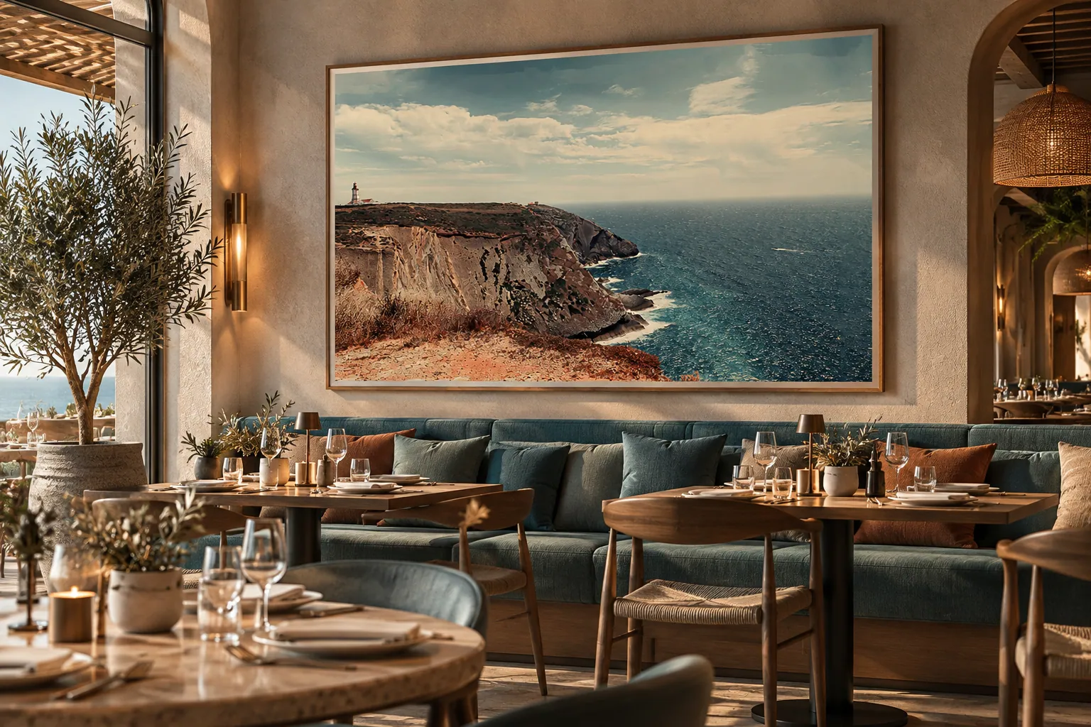 Editorial visualisation of a large coastal artwork in a hospitality dining interior