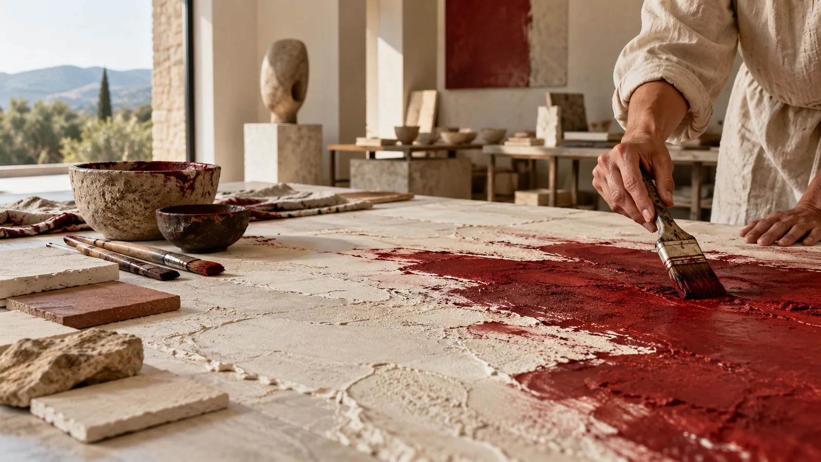 Wide workshop image showing textured artwork production with deep red pigment.