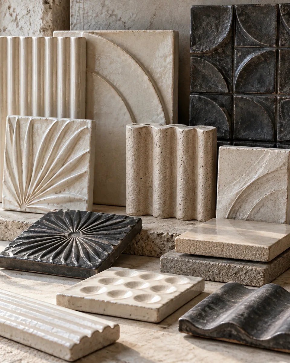 An arrangement of textured ceramic relief tiles and architectural details in cream, stone and dark glaze finishes.