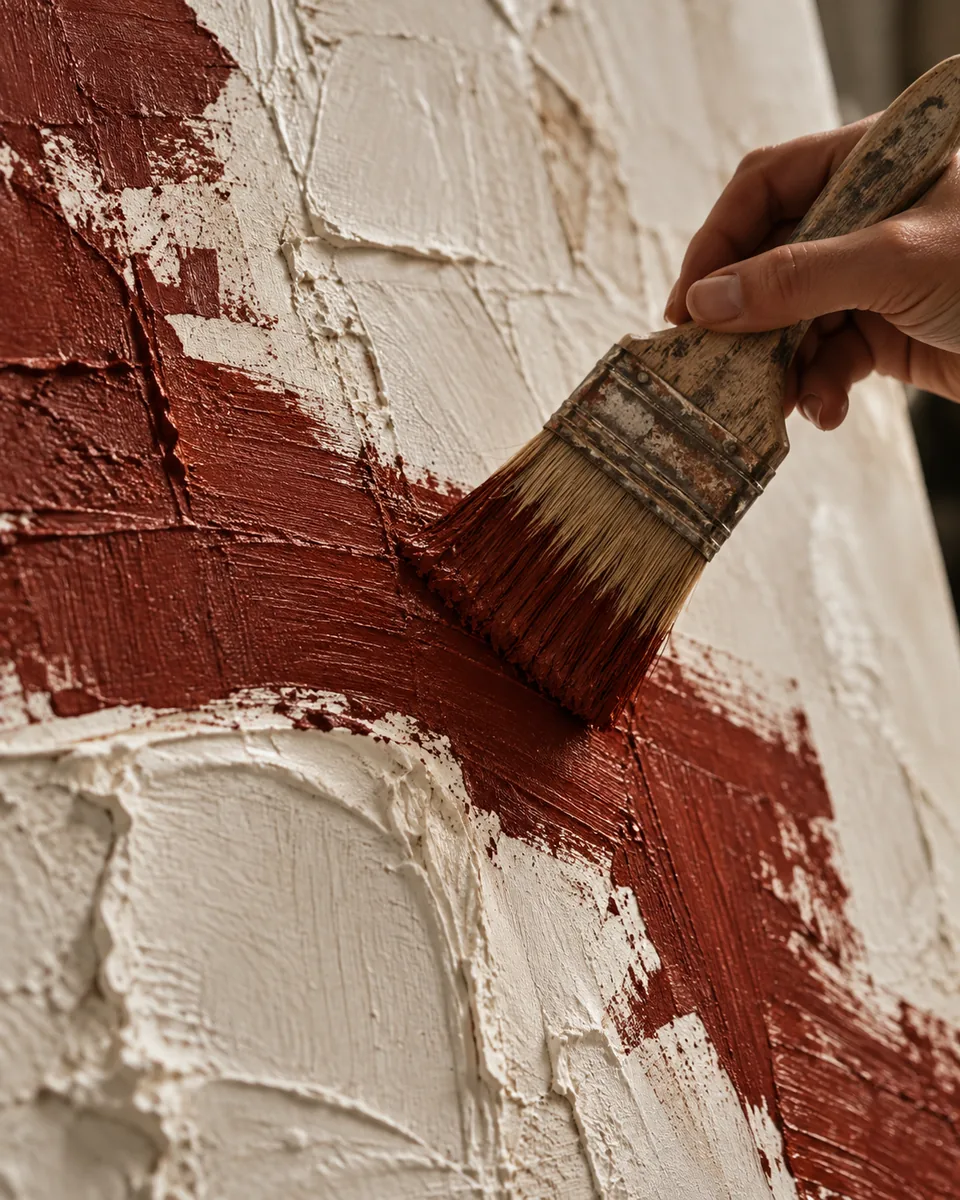 A hand applies deep red paint with a brush across a textured white plaster surface.