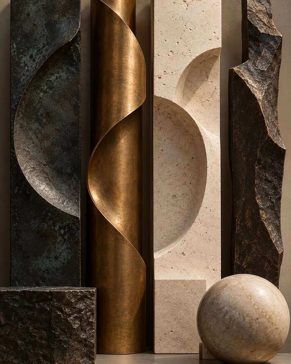 A still life of bronze, patinated metal, stone and marble sculptural forms in varied textures.