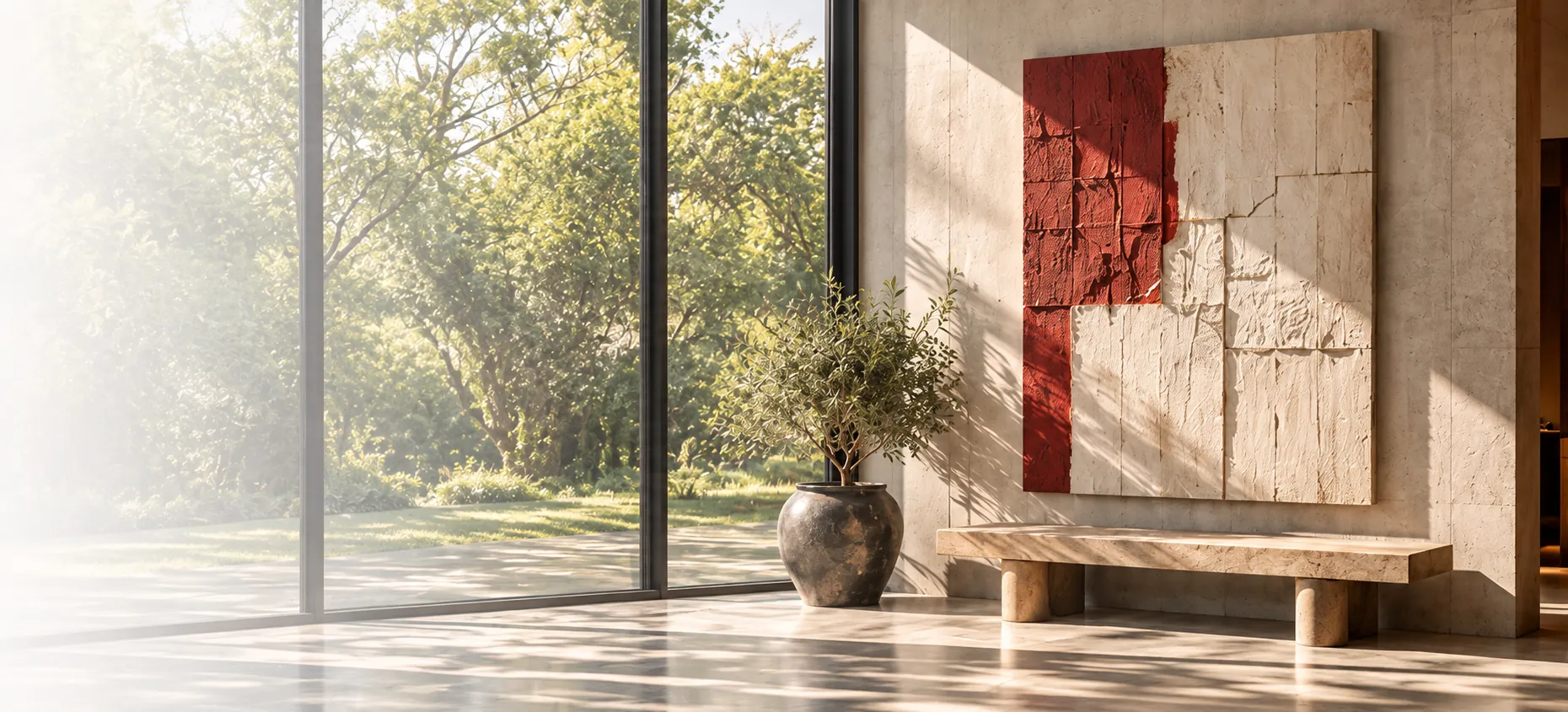 Textured red and off-white artwork in a warm contemporary interior.