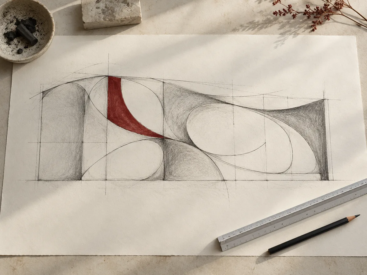 A hand-drawn architectural sketch with compass arcs, one section highlighted in red ink.
