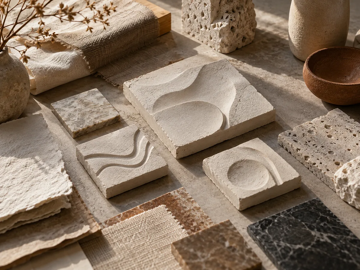 Stone, fabric and plaster material samples arranged for selection on a sunlit surface.