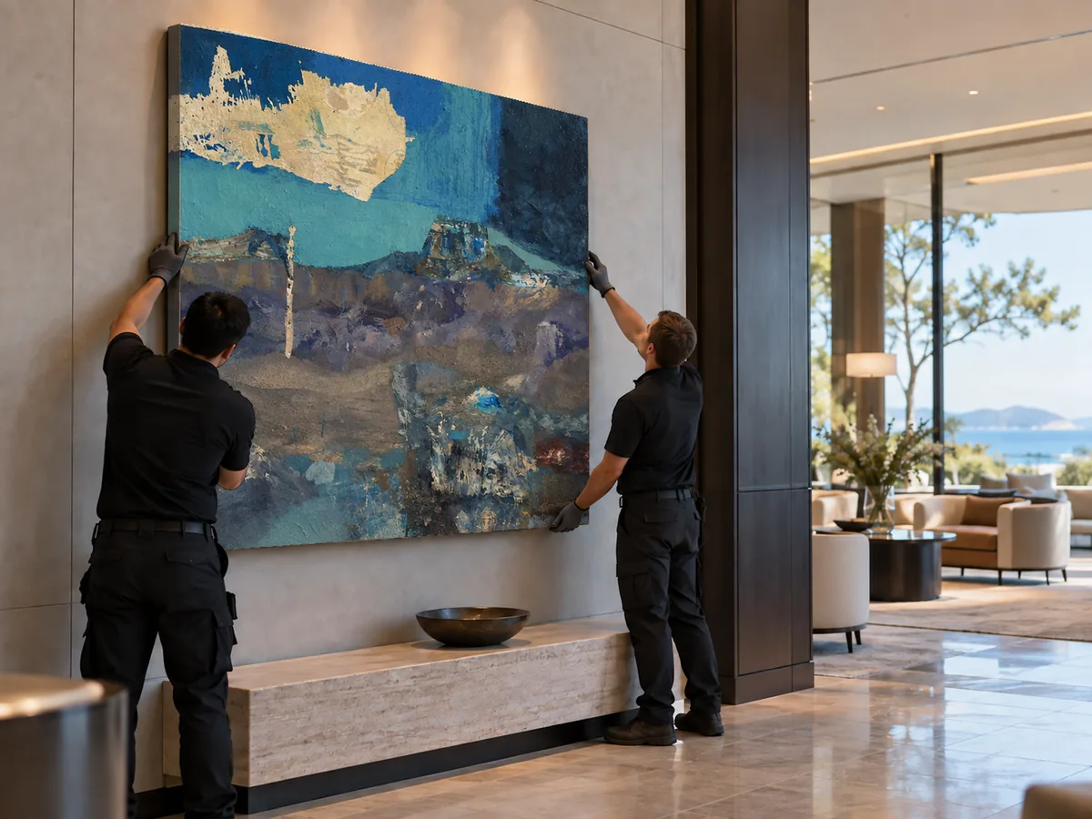 Two installers in dark workwear mount a large abstract painting on a hotel lobby wall.