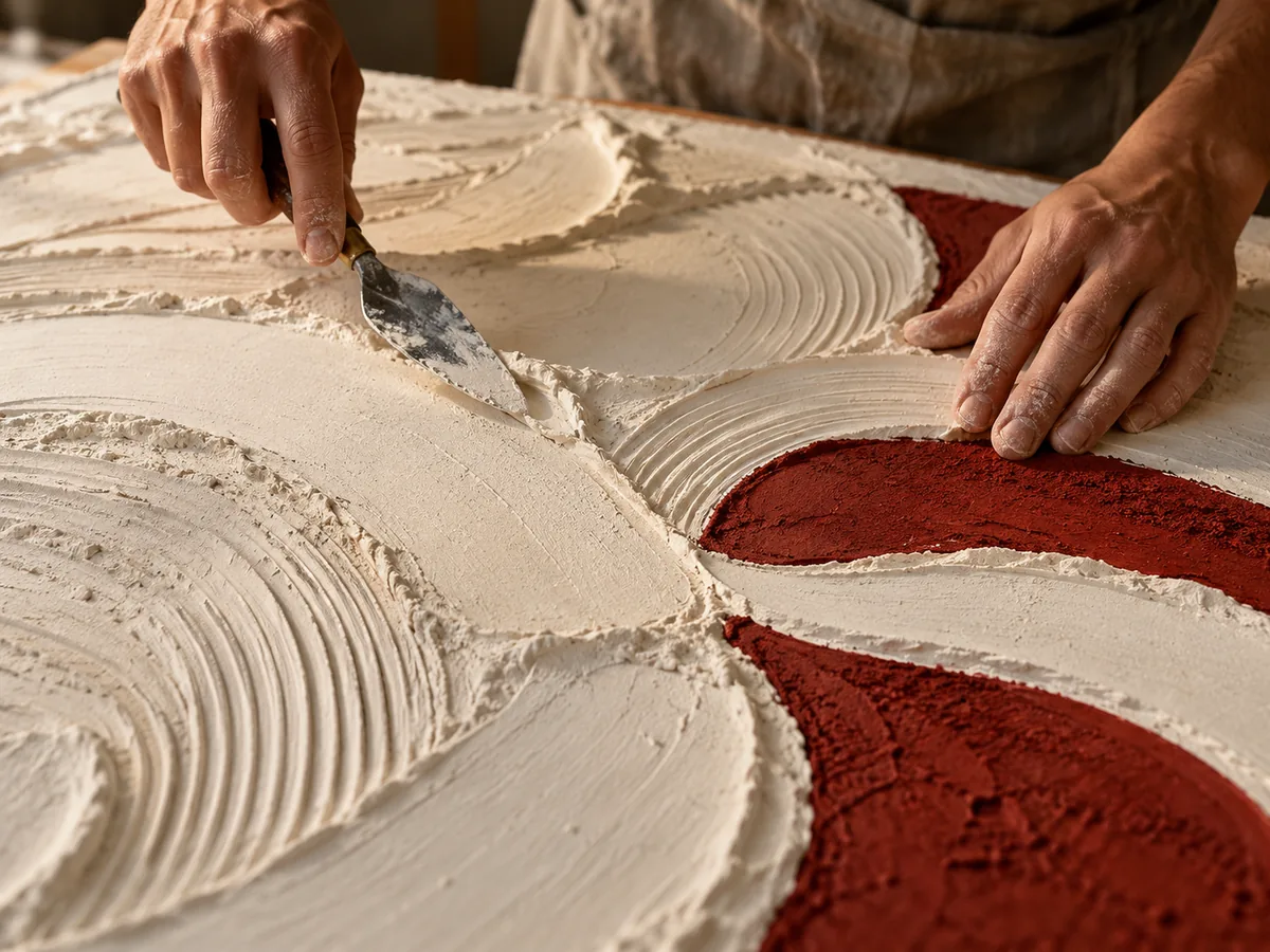 An artist's hands apply textured plaster and red pigment to a large-scale artwork with a palette knife.