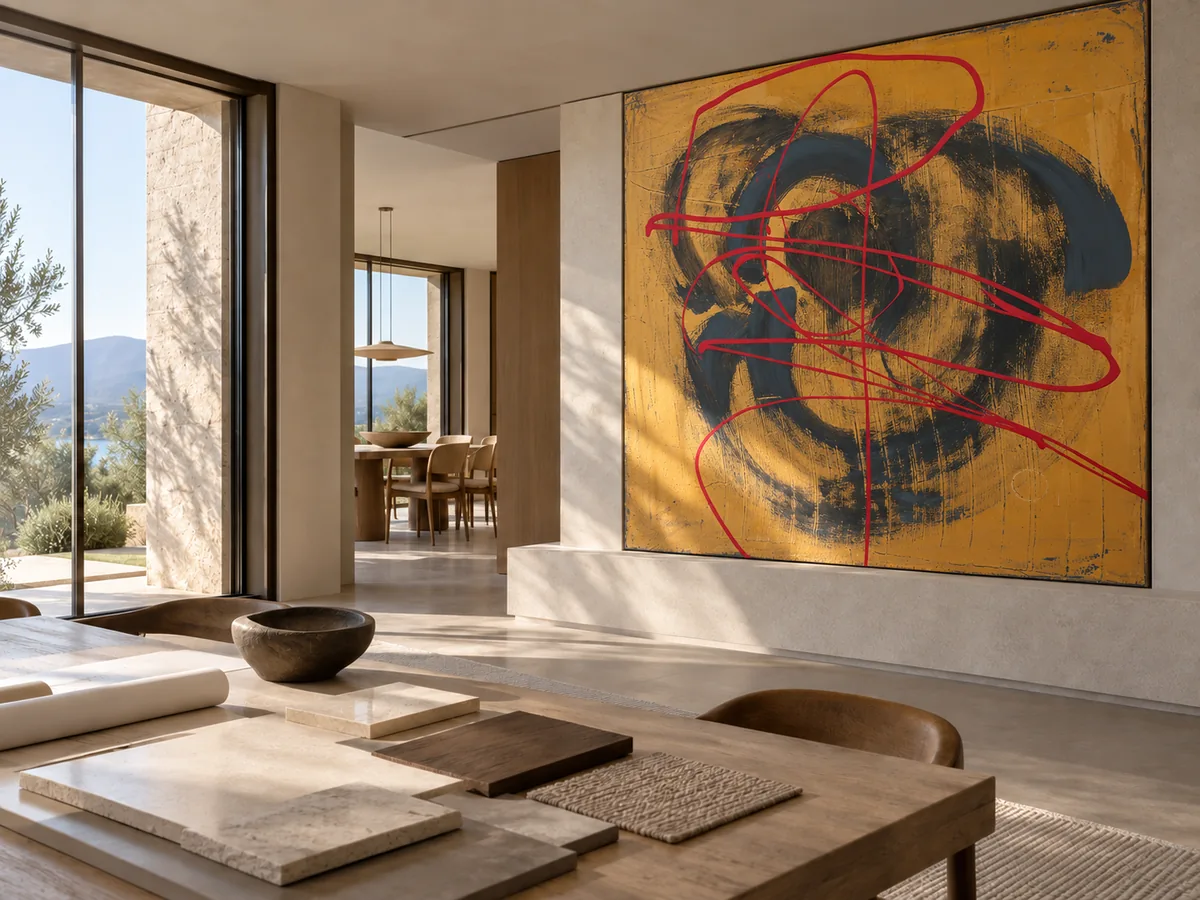 Architectural interior featuring Dan Andrei's ochre, charcoal and red painting.