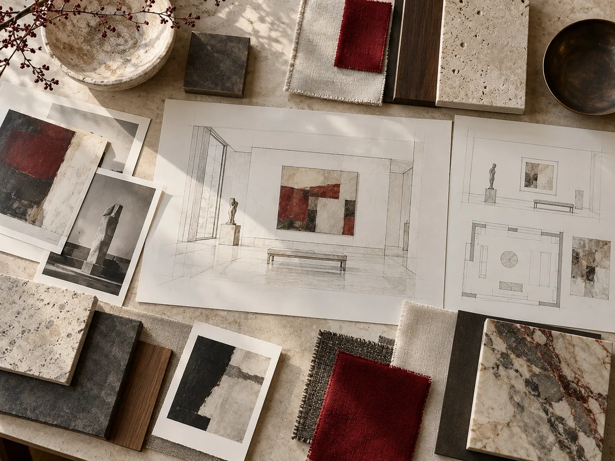 Material and artwork selection table used in collaboration with art consultants.