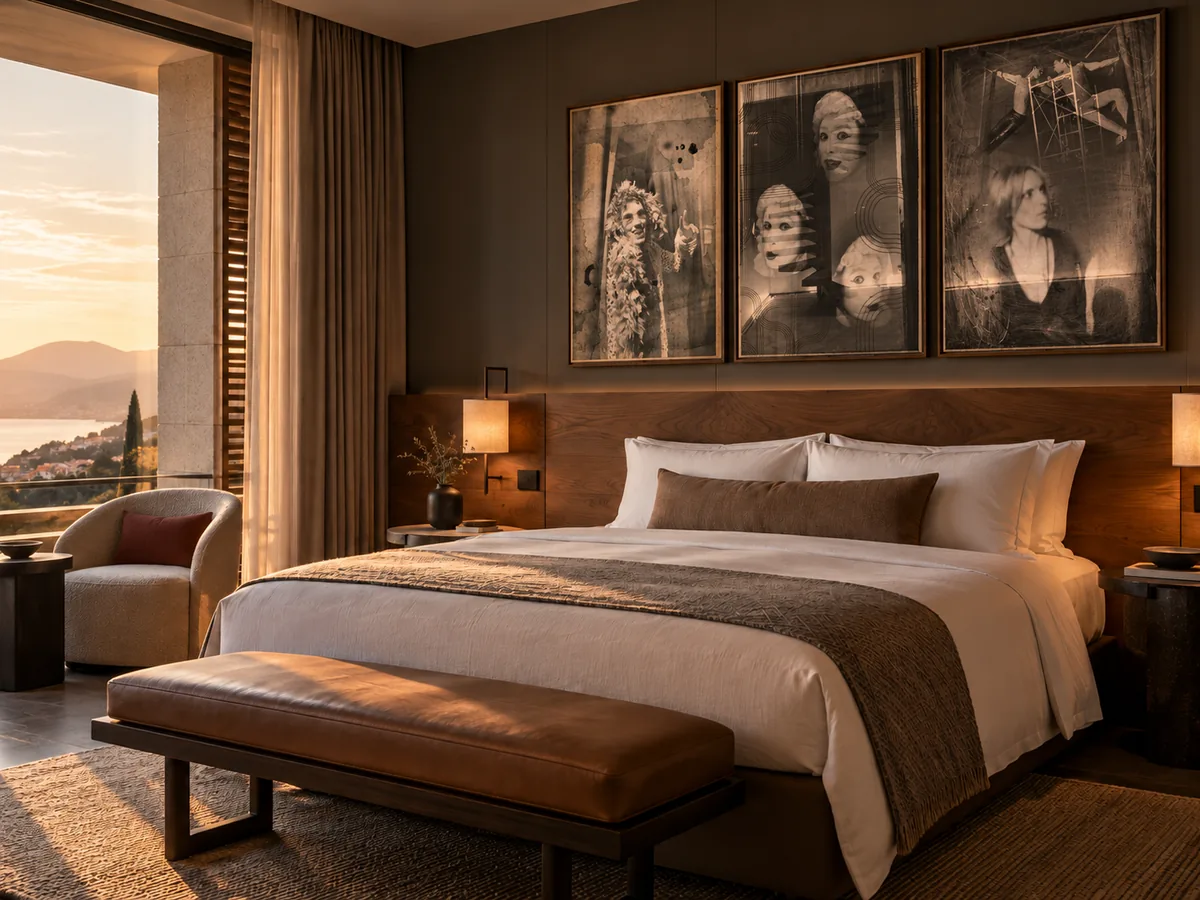 Hospitality bedroom featuring three original photographic works by Dan Andrei.