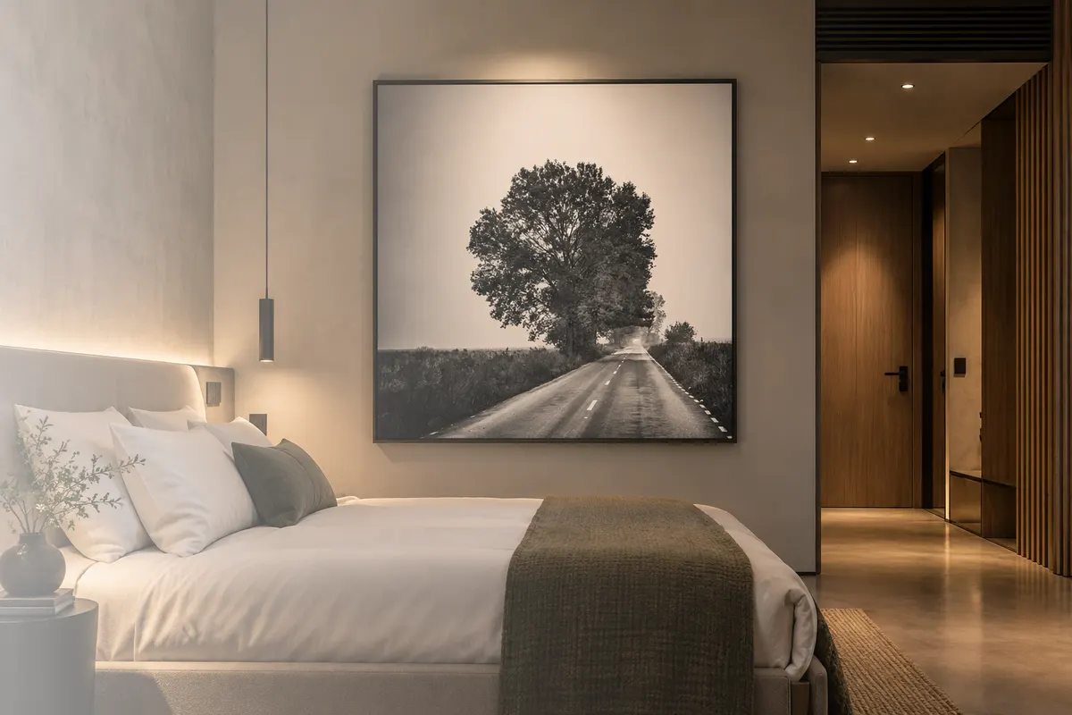 Lucrare cu peisaj în alb-negru, deasupra patului dintr-o cameră contemporană de hotel.