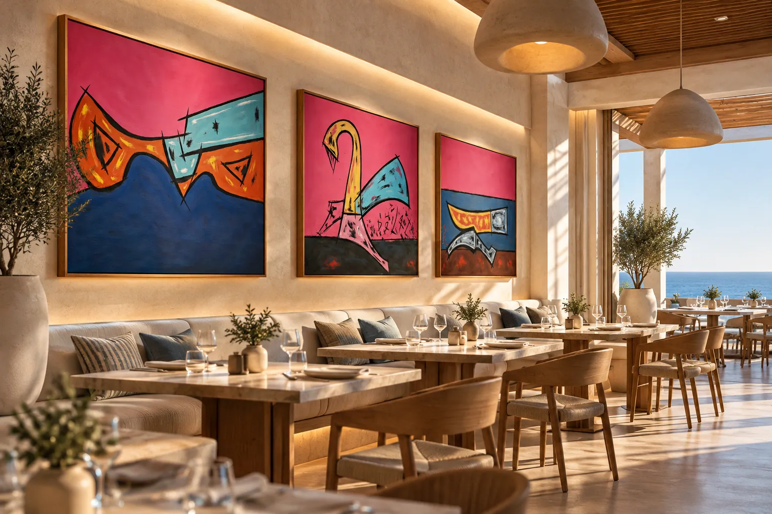 Trei lucrări colorate care creează un punct focal coordonat într-un spațiu de restaurant.