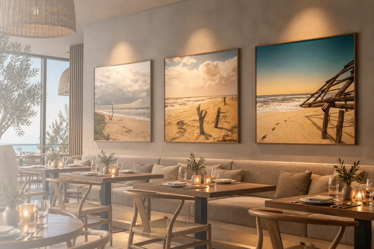 Trei fotografii de litoral înrămate, într-un interior cald de restaurant de hotel.