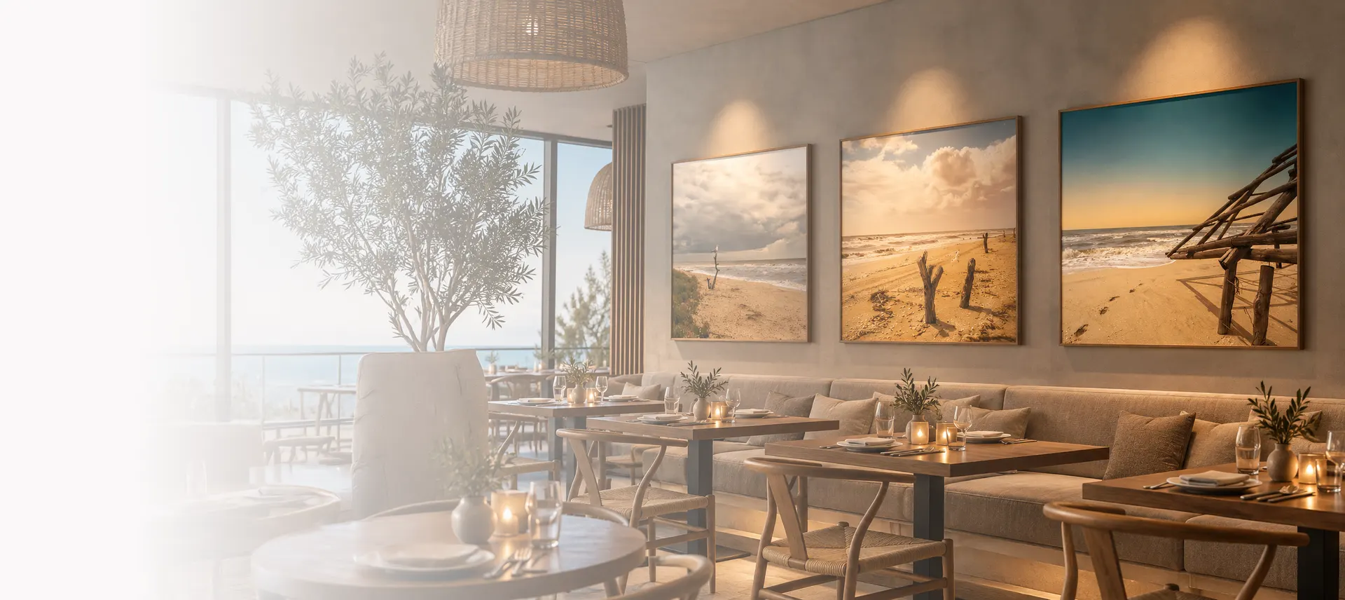 Trei fotografii de litoral înrămate, într-un interior cald de restaurant de hotel.