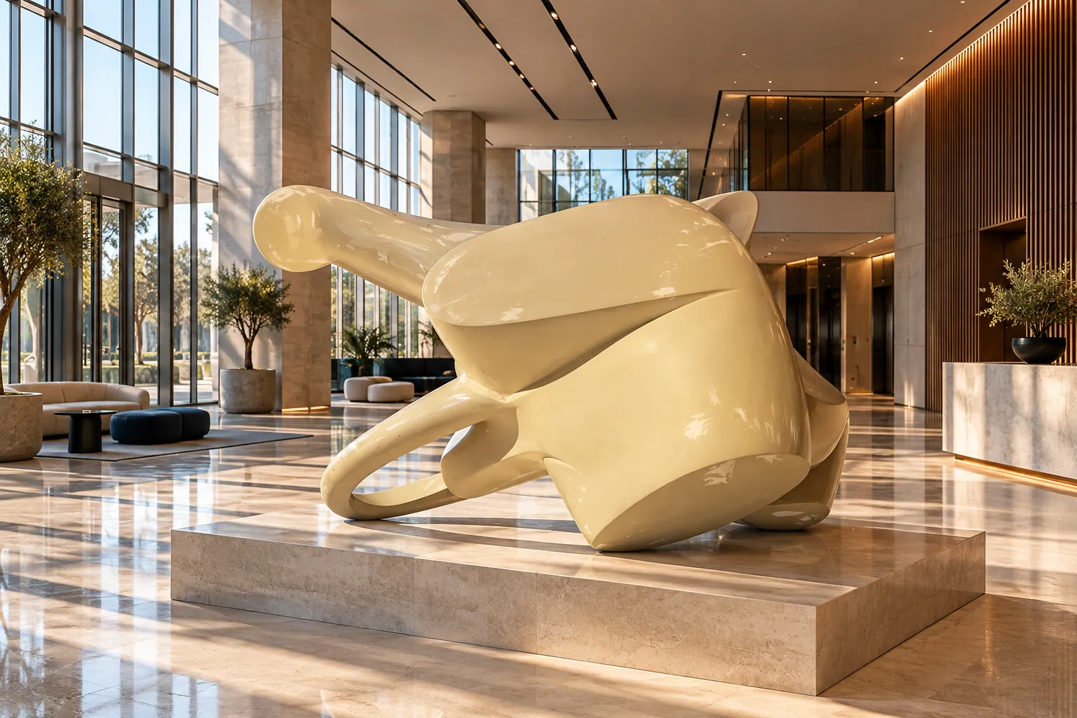 O sculptură abstractă de mari dimensiuni, concepută ca element central într-un lobby de hotel spațios.