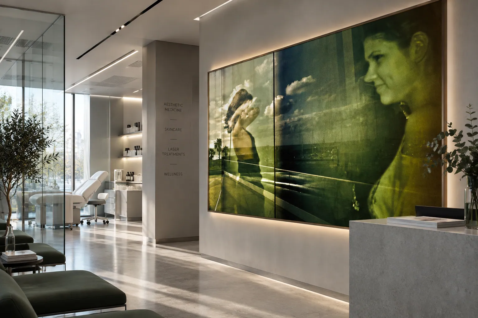 O lucrare fotografică de tip portret, de mari dimensiuni, integrată într-un interior contemporan de recepție.